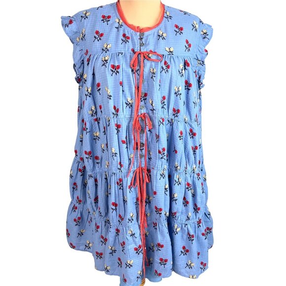 Free People Sundown Print Tunic Mini Dress M Allure Blue Combo Floral Button Tie - Picture 2 of 12